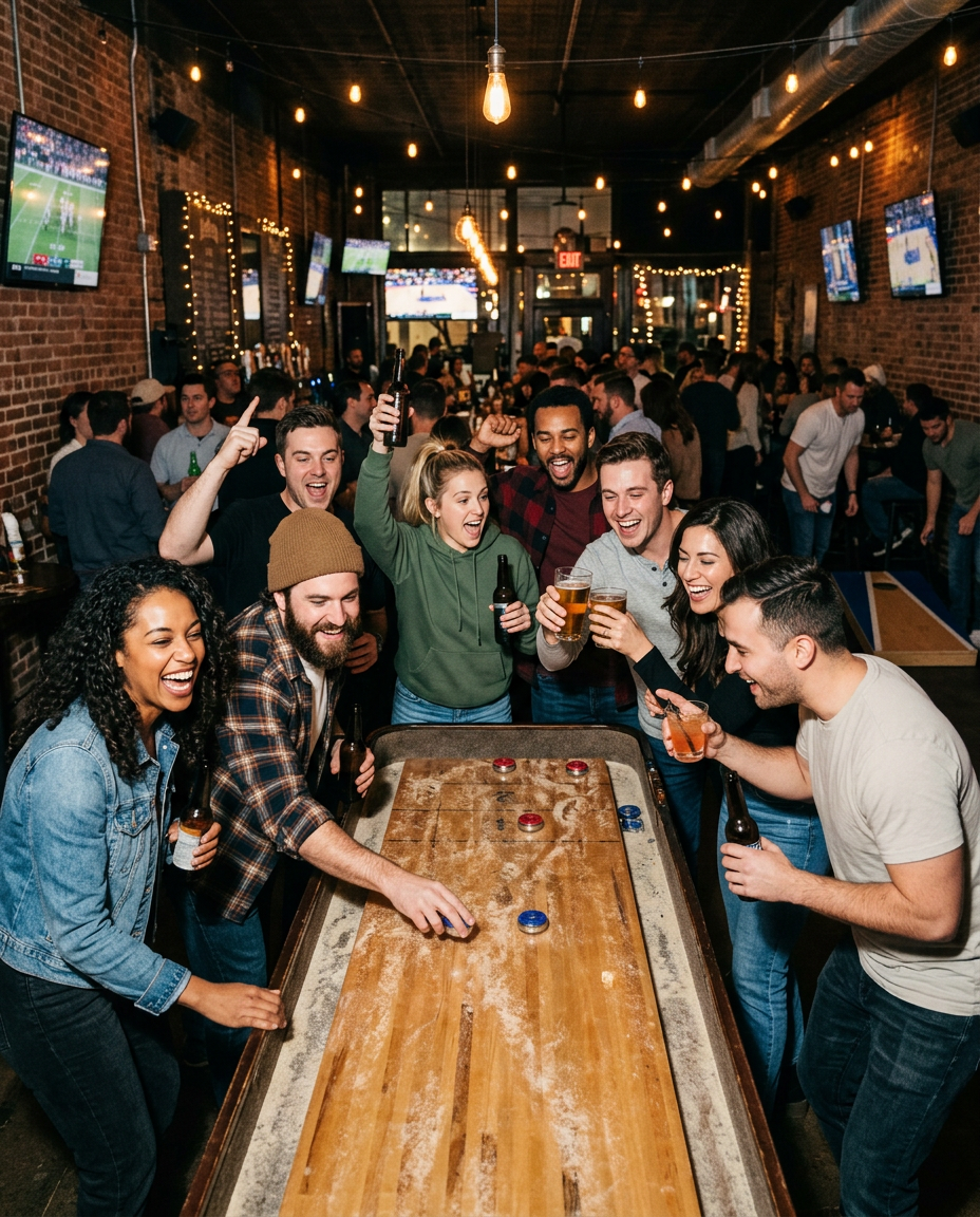 Friends at a bar playing shuffleboard